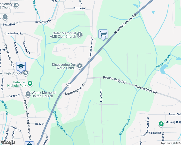 map of restaurants, bars, coffee shops, grocery stores, and more near 3711 Northampton Drive in Winston-Salem