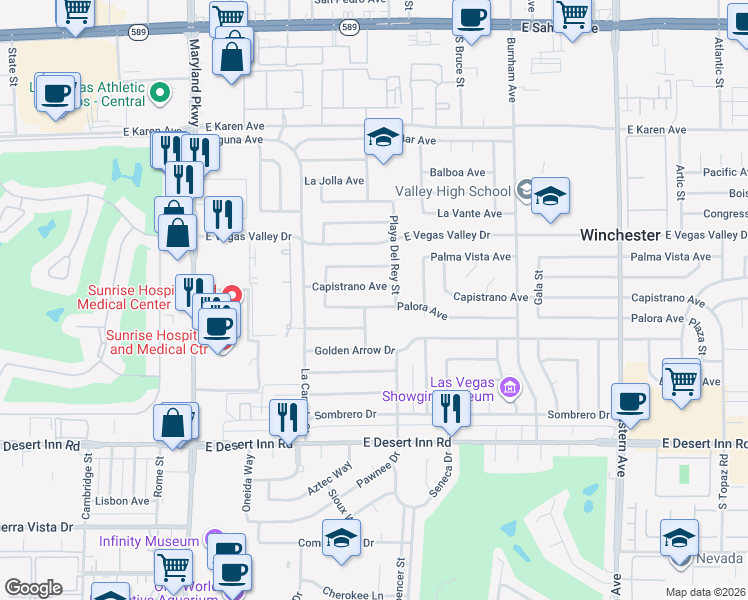 map of restaurants, bars, coffee shops, grocery stores, and more near 1692 Palora Avenue in Las Vegas