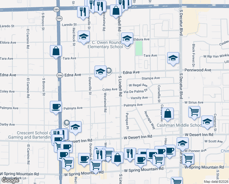 map of restaurants, bars, coffee shops, grocery stores, and more near 3030 Westwind Road in Las Vegas