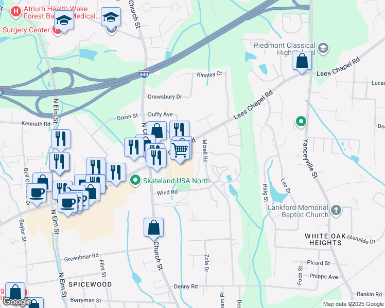map of restaurants, bars, coffee shops, grocery stores, and more near 1322 Lees Chapel Road in Greensboro