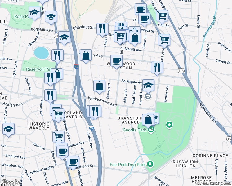 map of restaurants, bars, coffee shops, grocery stores, and more near 1711 Martin Street in Nashville