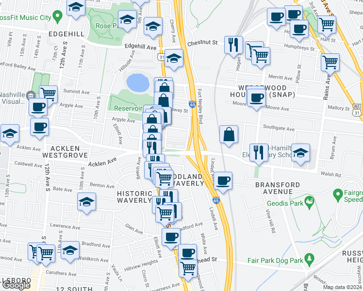 map of restaurants, bars, coffee shops, grocery stores, and more near 1815 Ridley Boulevard in Nashville