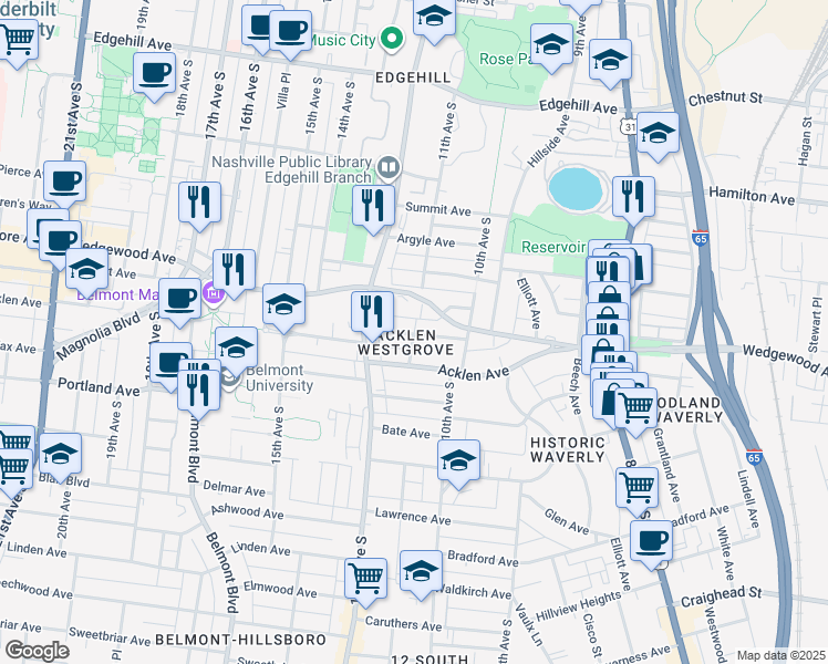 map of restaurants, bars, coffee shops, grocery stores, and more near 1100A West Grove Avenue in Nashville