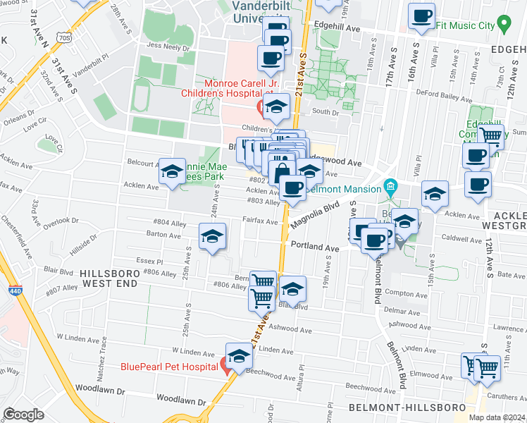 map of restaurants, bars, coffee shops, grocery stores, and more near 2106 Fairfax Avenue in Nashville