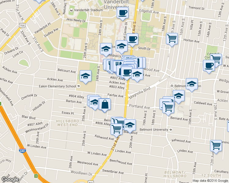 map of restaurants, bars, coffee shops, grocery stores, and more near 2115 Fairfax Avenue in Nashville