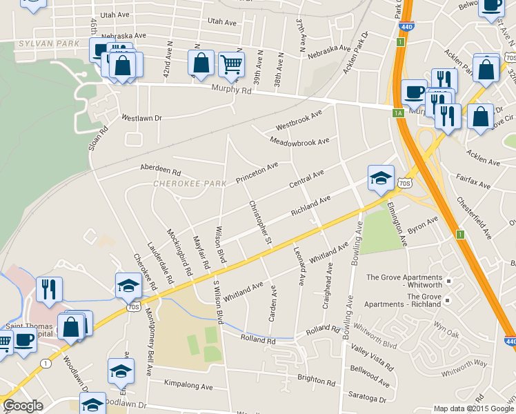 map of restaurants, bars, coffee shops, grocery stores, and more near 3735 Central Avenue in Nashville