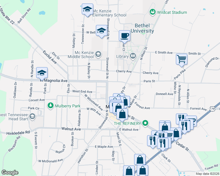 map of restaurants, bars, coffee shops, grocery stores, and more near 720 Stonewall Street North in McKenzie