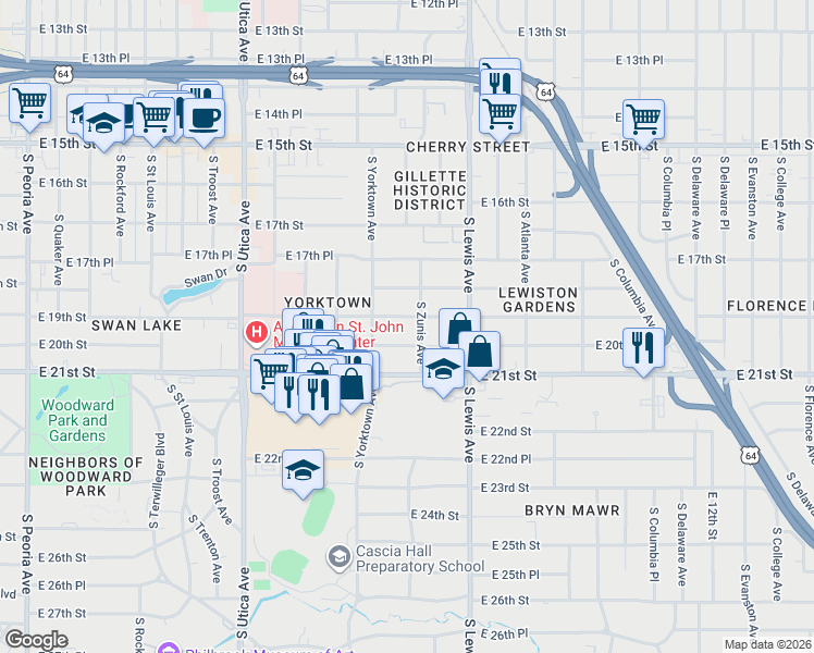 map of restaurants, bars, coffee shops, grocery stores, and more near 2124 East 19th Street in Tulsa