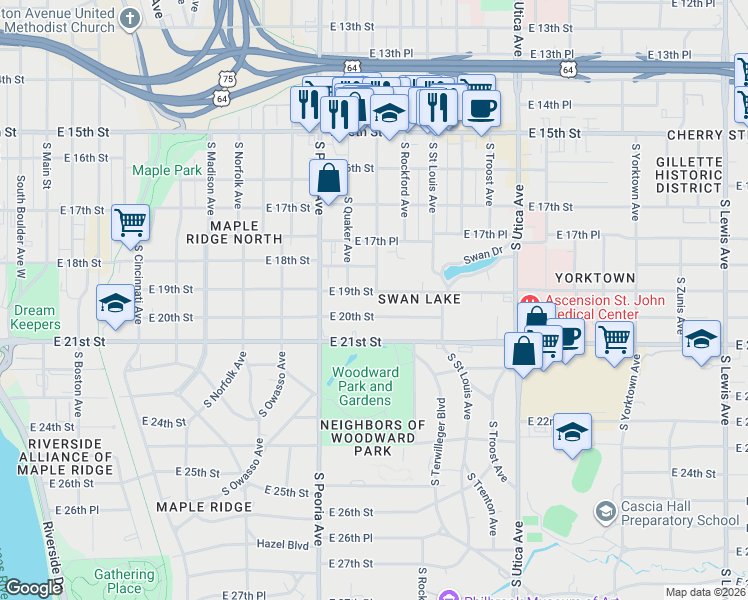 map of restaurants, bars, coffee shops, grocery stores, and more near 1406 East 19th Street in Tulsa