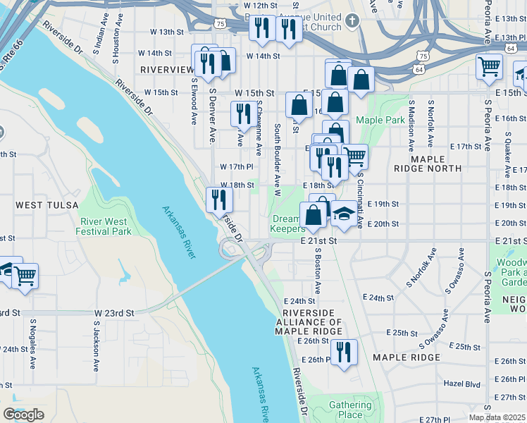 map of restaurants, bars, coffee shops, grocery stores, and more near 1840 South Boulder Avenue in Tulsa