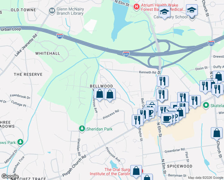 map of restaurants, bars, coffee shops, grocery stores, and more near 19 Nandina Drive in Greensboro