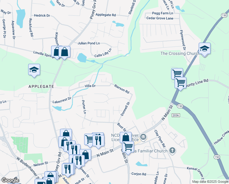 map of restaurants, bars, coffee shops, grocery stores, and more near 314 Windsor Manor Way in Kernersville