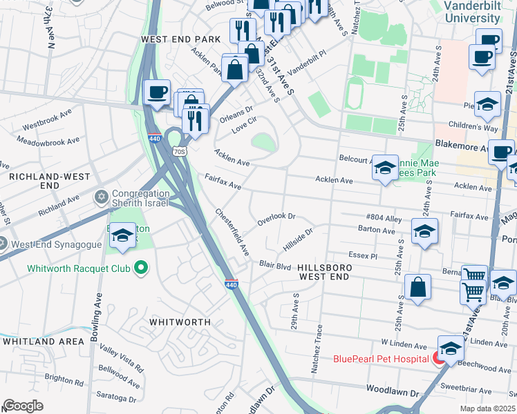 map of restaurants, bars, coffee shops, grocery stores, and more near 413 Fairfax Avenue in Nashville