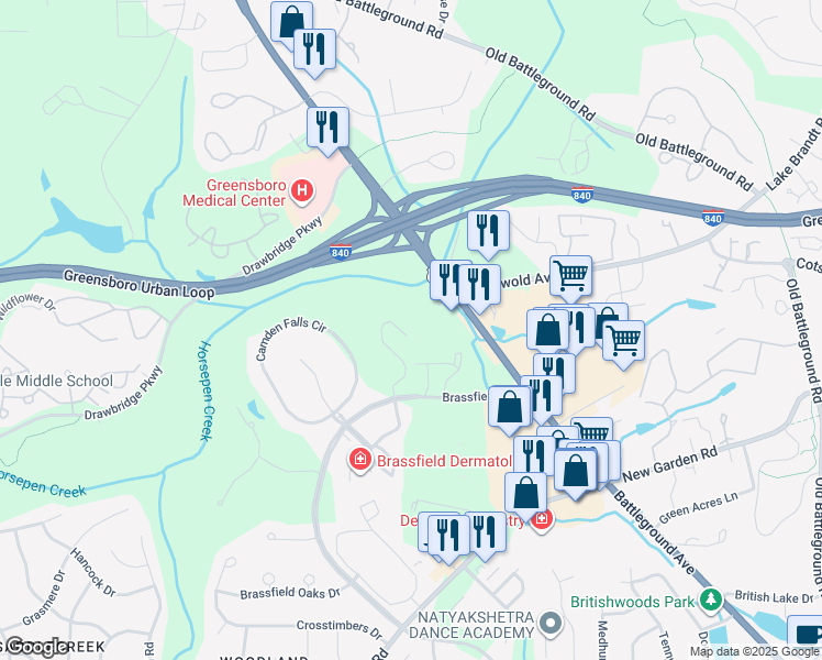 map of restaurants, bars, coffee shops, grocery stores, and more near 3819 Winborne Lane in Greensboro