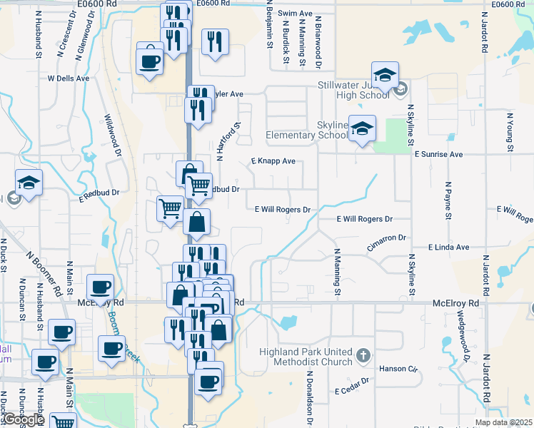 map of restaurants, bars, coffee shops, grocery stores, and more near 923 East Will Rogers Drive in Stillwater
