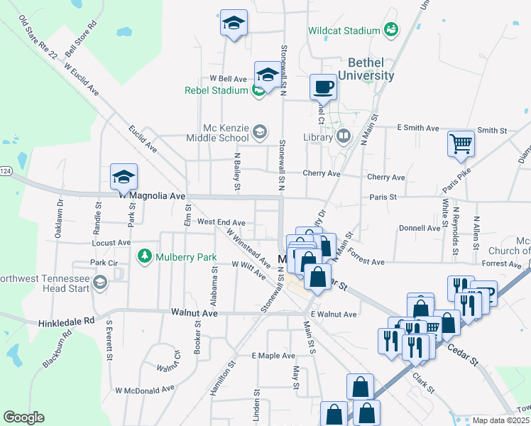 map of restaurants, bars, coffee shops, grocery stores, and more near 49 West Montgomery Avenue in McKenzie