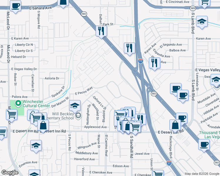 map of restaurants, bars, coffee shops, grocery stores, and more near 652 Greenbriar Townhouse Way in Las Vegas