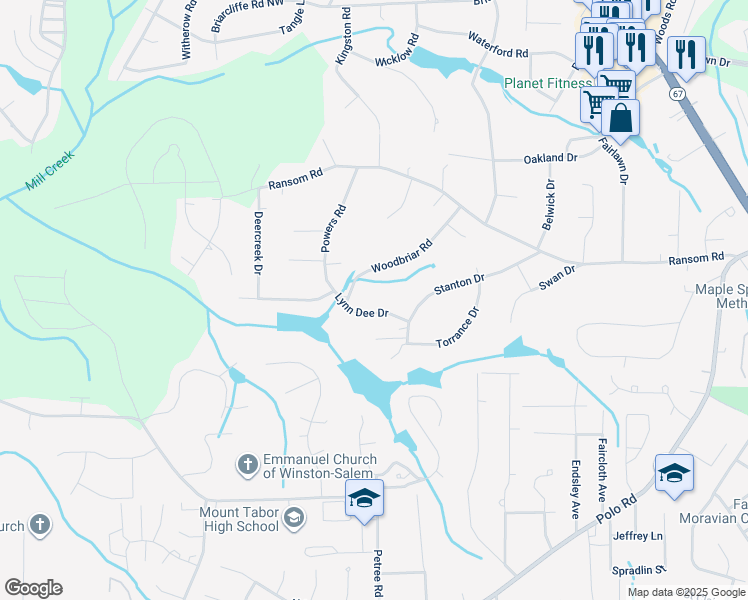 map of restaurants, bars, coffee shops, grocery stores, and more near 715 Lynn Dee Drive in Winston-Salem