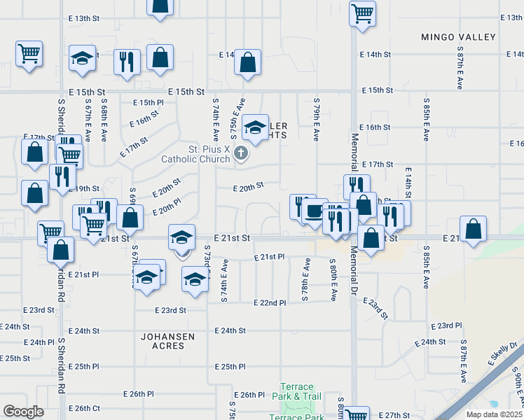 map of restaurants, bars, coffee shops, grocery stores, and more near 7619 East 21st Street in Tulsa