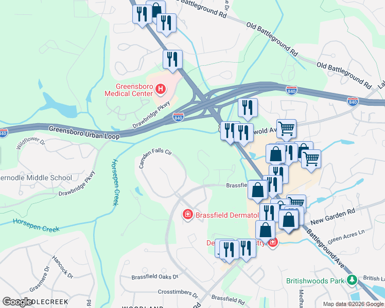 map of restaurants, bars, coffee shops, grocery stores, and more near 3783 Winborne Lane in Greensboro