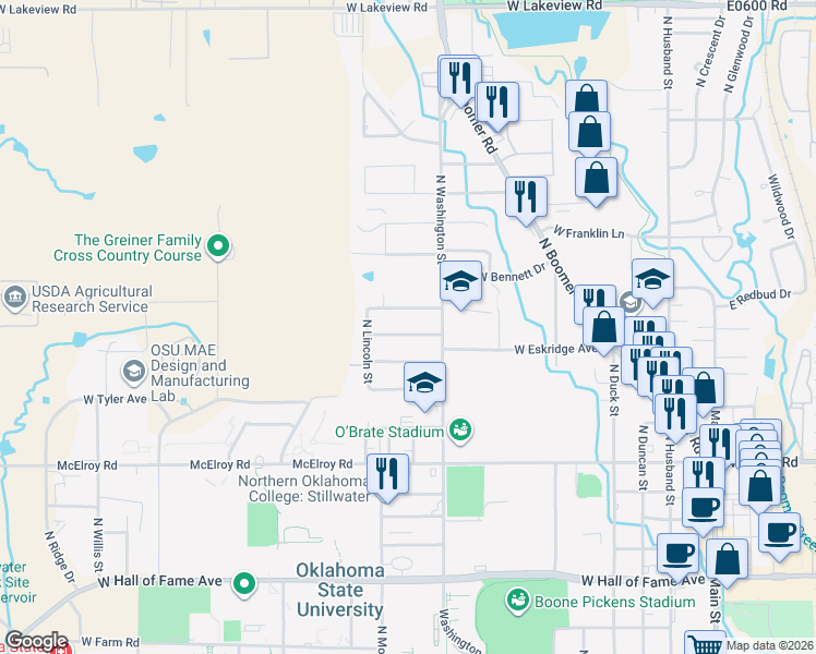 map of restaurants, bars, coffee shops, grocery stores, and more near 1002 West Will Rogers Drive in Stillwater