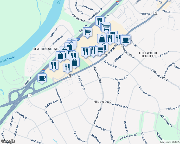 map of restaurants, bars, coffee shops, grocery stores, and more near 6719 Charlotte Pike in Nashville