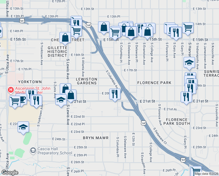map of restaurants, bars, coffee shops, grocery stores, and more near 2640 E 19th St in Tulsa
