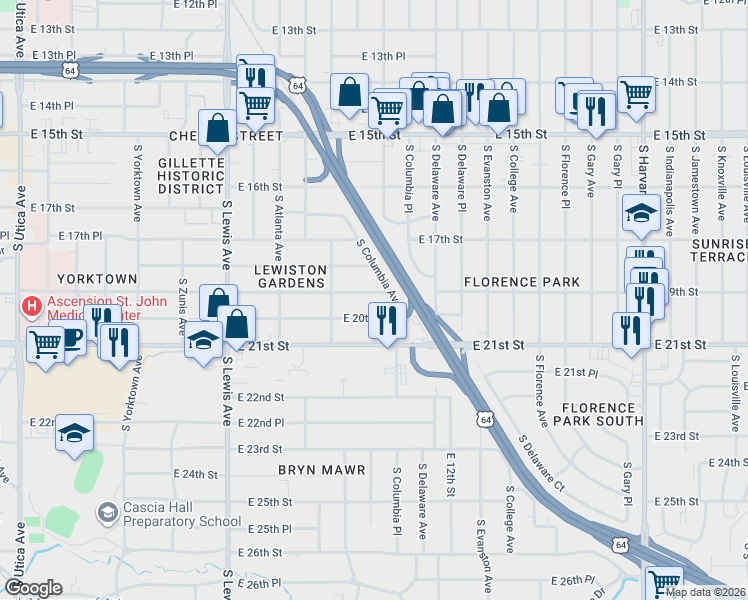 map of restaurants, bars, coffee shops, grocery stores, and more near 2640 East 19th Street in Tulsa