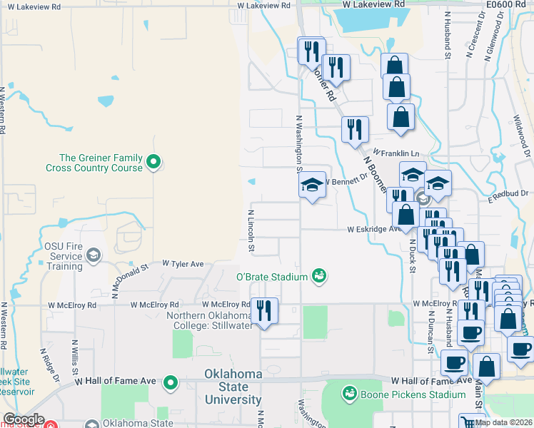 map of restaurants, bars, coffee shops, grocery stores, and more near 1002 West Will Rogers Drive in Stillwater