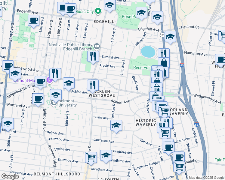 map of restaurants, bars, coffee shops, grocery stores, and more near 1004 West Grove Avenue in Nashville