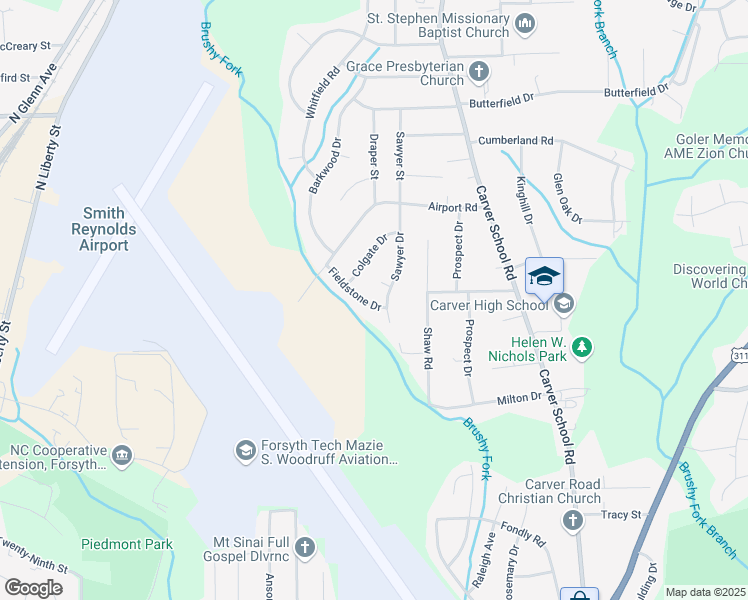 map of restaurants, bars, coffee shops, grocery stores, and more near 3507 Fieldstone Drive in Winston-Salem