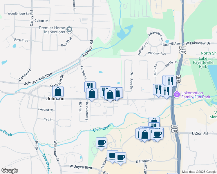 map of restaurants, bars, coffee shops, grocery stores, and more near 5530 Blake Lane in Fayetteville