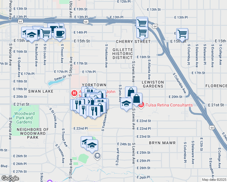 map of restaurants, bars, coffee shops, grocery stores, and more near 2124 East 19th Street in Tulsa