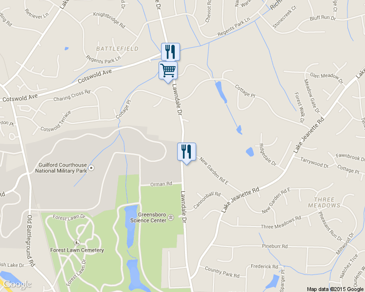 map of restaurants, bars, coffee shops, grocery stores, and more near 4505 Lawndale Drive in Greensboro