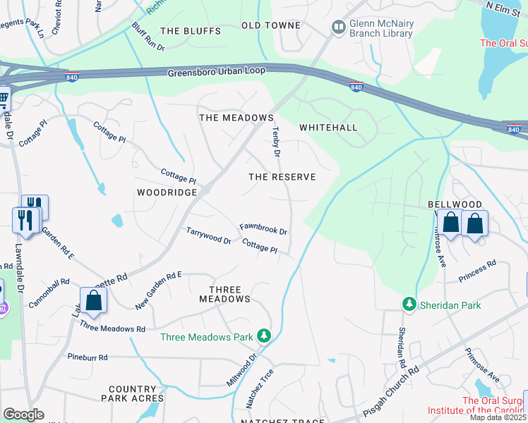 map of restaurants, bars, coffee shops, grocery stores, and more near 11 Silver Oak Court in Greensboro