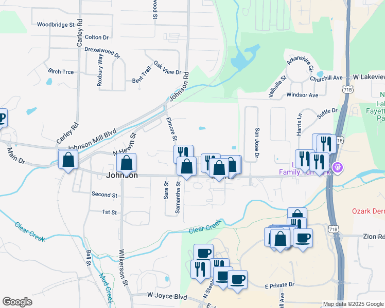 map of restaurants, bars, coffee shops, grocery stores, and more near 2212 Karrington Ridge in Springdale