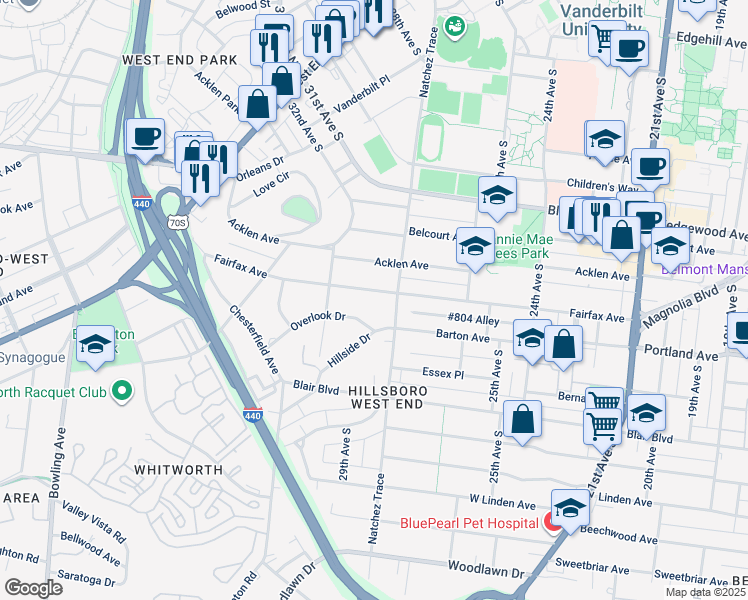 map of restaurants, bars, coffee shops, grocery stores, and more near 517 Fairfax Avenue in Nashville