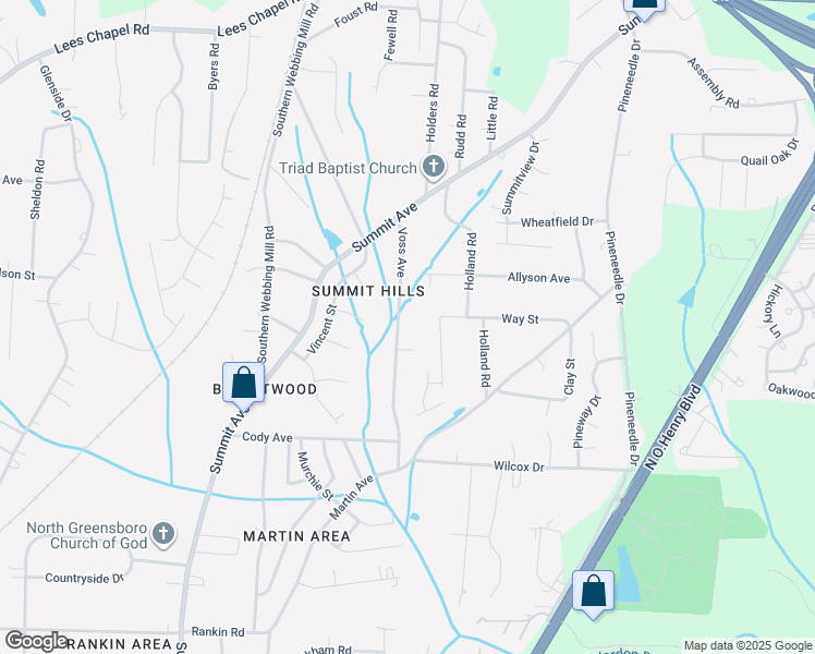 map of restaurants, bars, coffee shops, grocery stores, and more near 4408 Voss Avenue in Greensboro