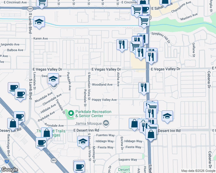 map of restaurants, bars, coffee shops, grocery stores, and more near 4775 Woodland Avenue in Las Vegas
