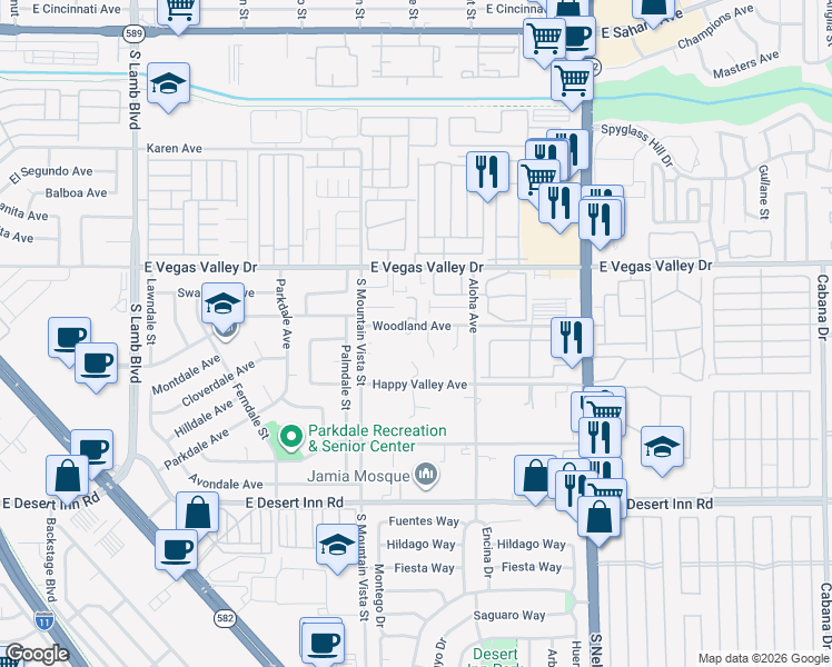 map of restaurants, bars, coffee shops, grocery stores, and more near 4691 Woodland Avenue in Las Vegas