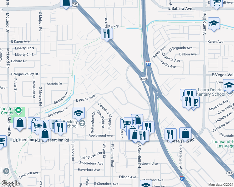 map of restaurants, bars, coffee shops, grocery stores, and more near 656 Greenbriar Townhouse Way in Las Vegas
