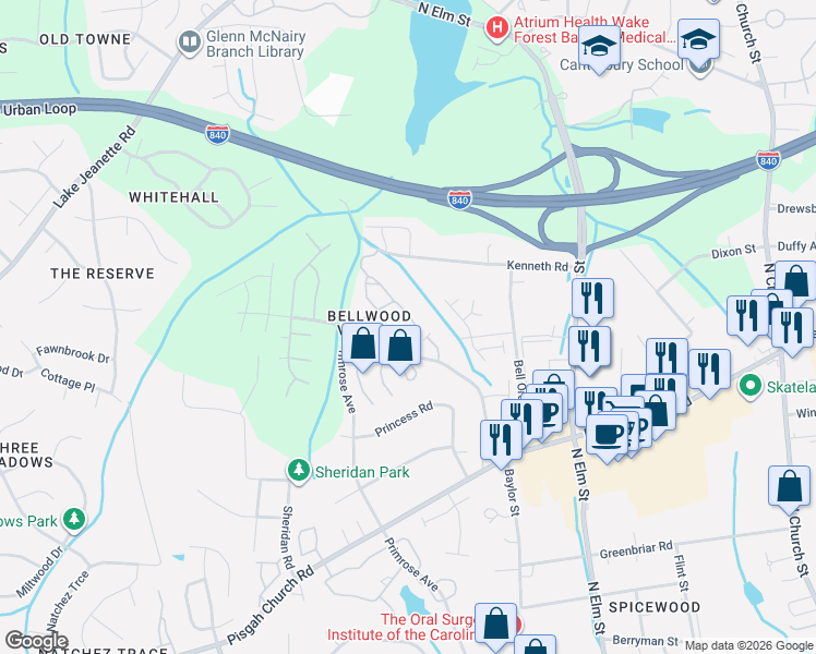map of restaurants, bars, coffee shops, grocery stores, and more near 19 Nandina Drive in Greensboro