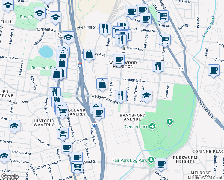 map of restaurants, bars, coffee shops, grocery stores, and more near 1803 Stewart Place in Nashville