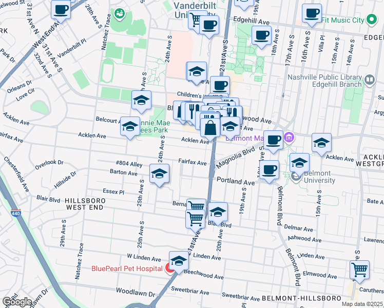 map of restaurants, bars, coffee shops, grocery stores, and more near 2115 Fairfax Avenue in Nashville