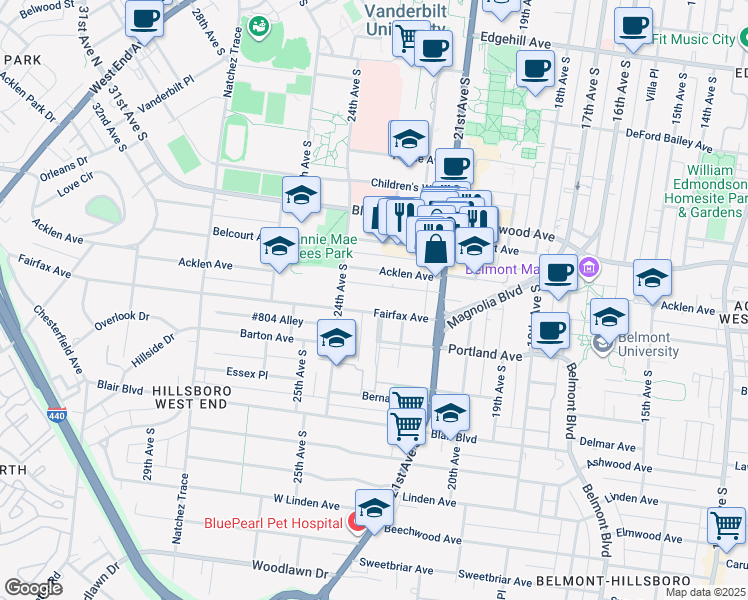 map of restaurants, bars, coffee shops, grocery stores, and more near 2115 Fairfax Avenue in Nashville