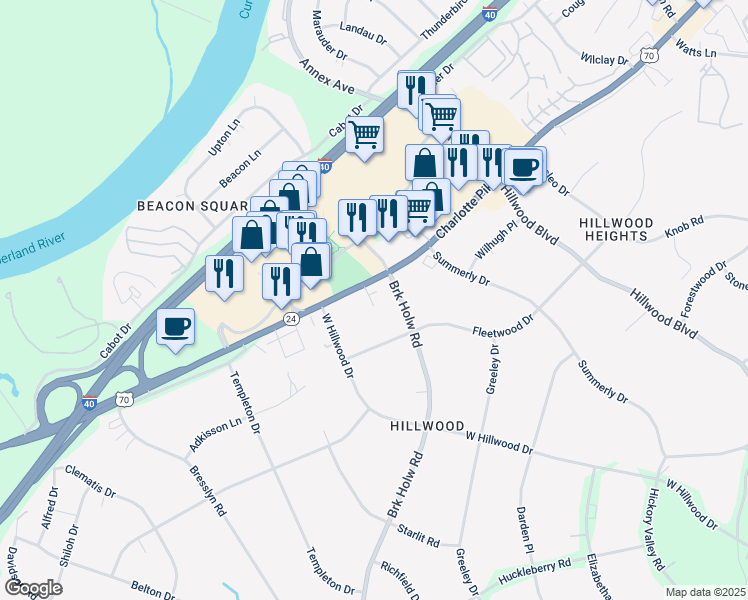 map of restaurants, bars, coffee shops, grocery stores, and more near 6719 Charlotte Pike in Nashville