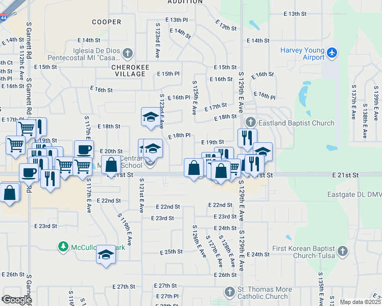 map of restaurants, bars, coffee shops, grocery stores, and more near 1833 South 124th East Avenue in Tulsa