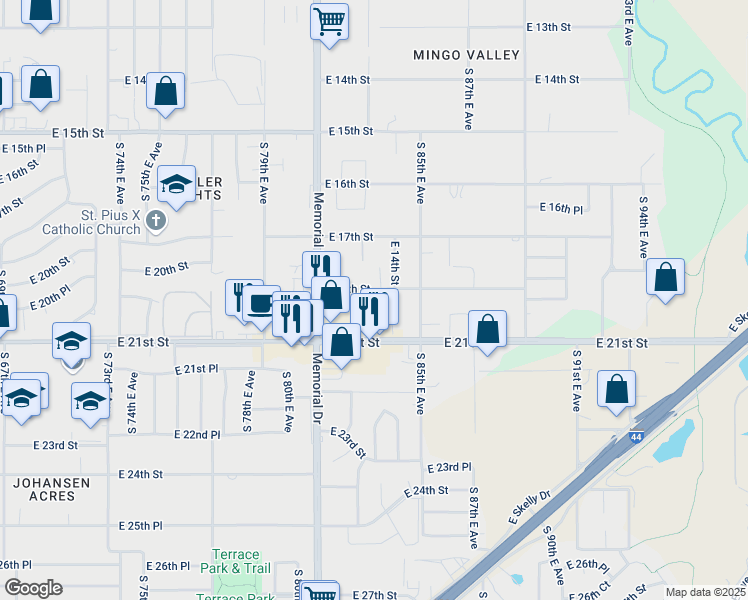 map of restaurants, bars, coffee shops, grocery stores, and more near 1908 South 82nd East Avenue in Tulsa