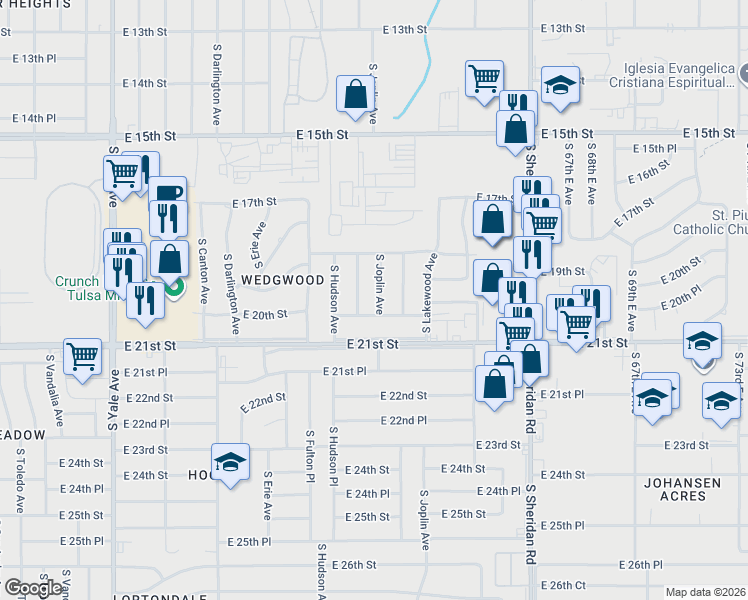 map of restaurants, bars, coffee shops, grocery stores, and more near 1844 South Joplin Avenue in Tulsa