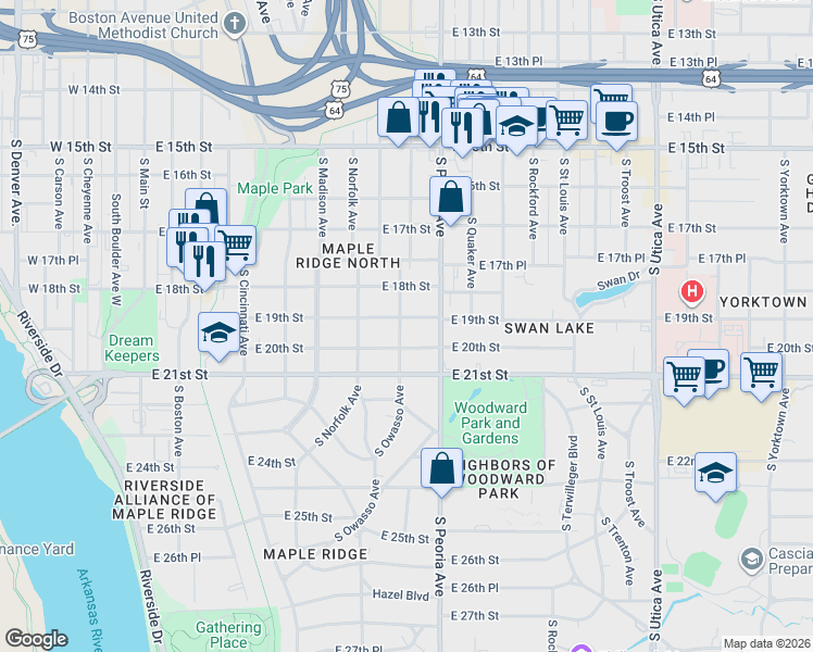 map of restaurants, bars, coffee shops, grocery stores, and more near 1904 South Owasso Avenue in Tulsa